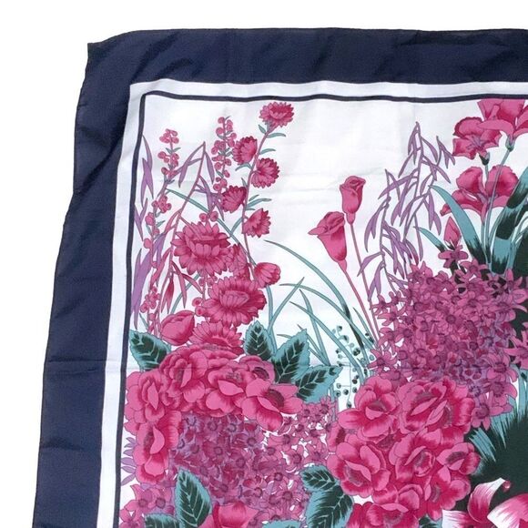 OVERSEAS ADVANTAGE Blue Pink Floral Print Square Neck Scarf 24” X 26” Square - Picture 3 of 9